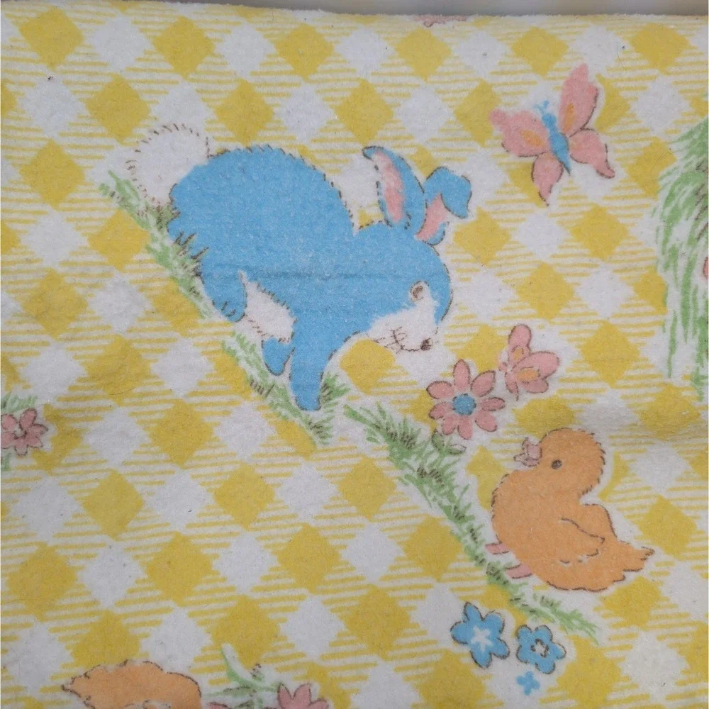 Vintage Wool Baby Blanket 43x40 Yellow Gingham Animals Nursery Quilt Fabric